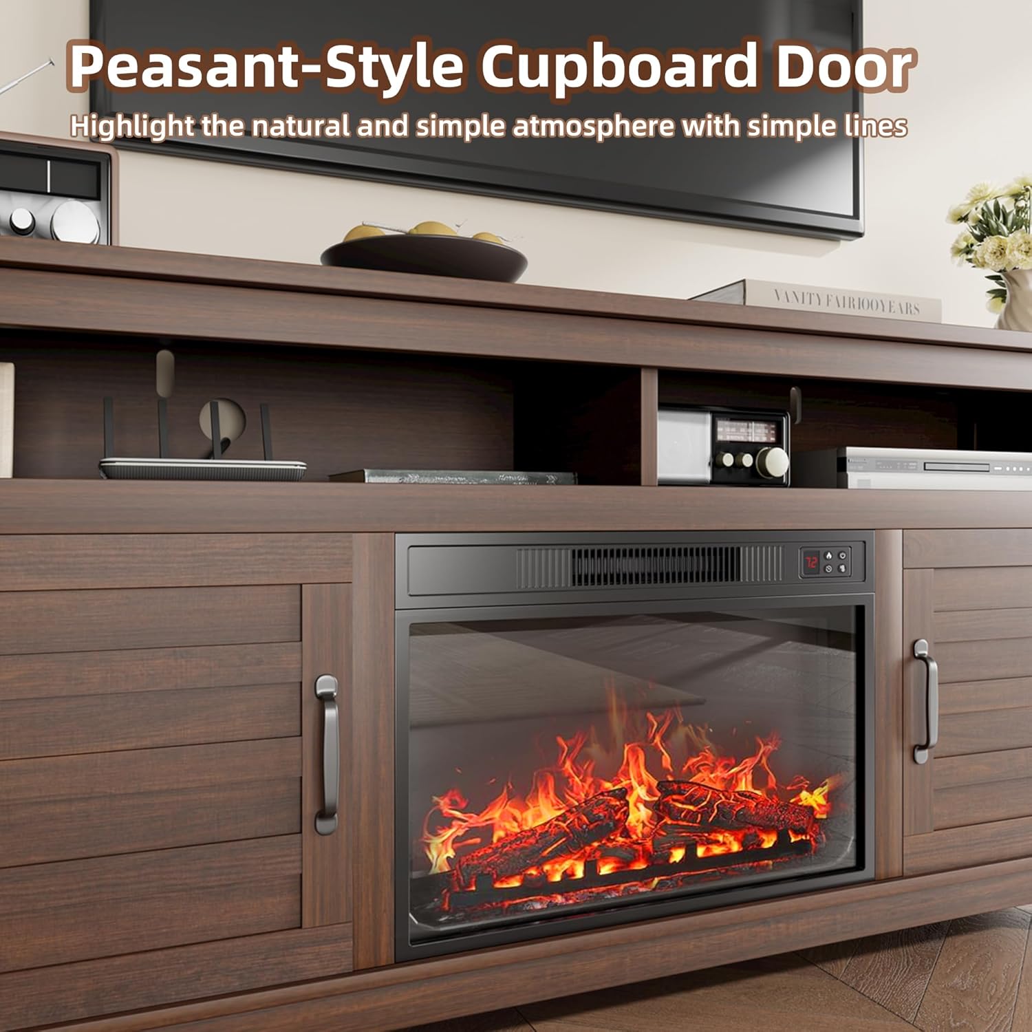 Garvee 63" Fireplace TV Stand, Entertainment Center with Electric Fireplace, Farmhouse TV Stand with Cabinet Doors,for Living Room, Bedroom, Brown