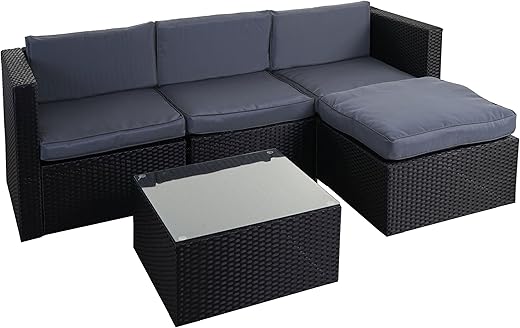Mendler Poly-Rattan-Garnitur HWC-D28, Gartengarnitur Sofa Set – anthrazit, Polster grau ohne Deko-Kissen/Abdeckung