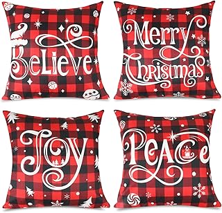 CCINEE Christmas Throw Pillow Covers Decor,17x17 Set of 4 Xmas Cushion Cover Black and Red Buffalo Plaid Pillow Cases for Christmas Party Sofa Couch Bed Decoration