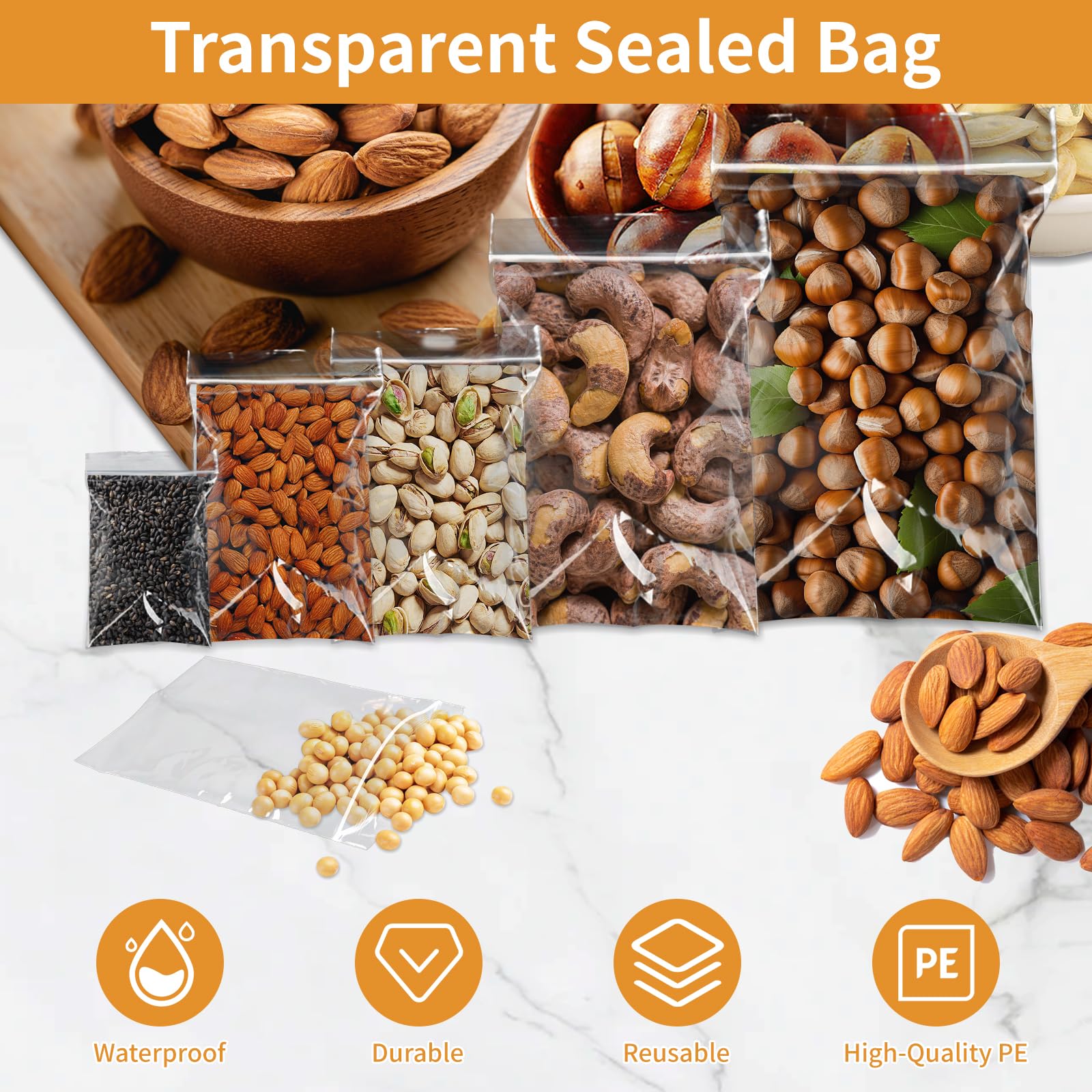 500Pcs Small Plastic Bags, 5 Assorted Sizes Sealable Clear Grip Seal Bags - Image 3