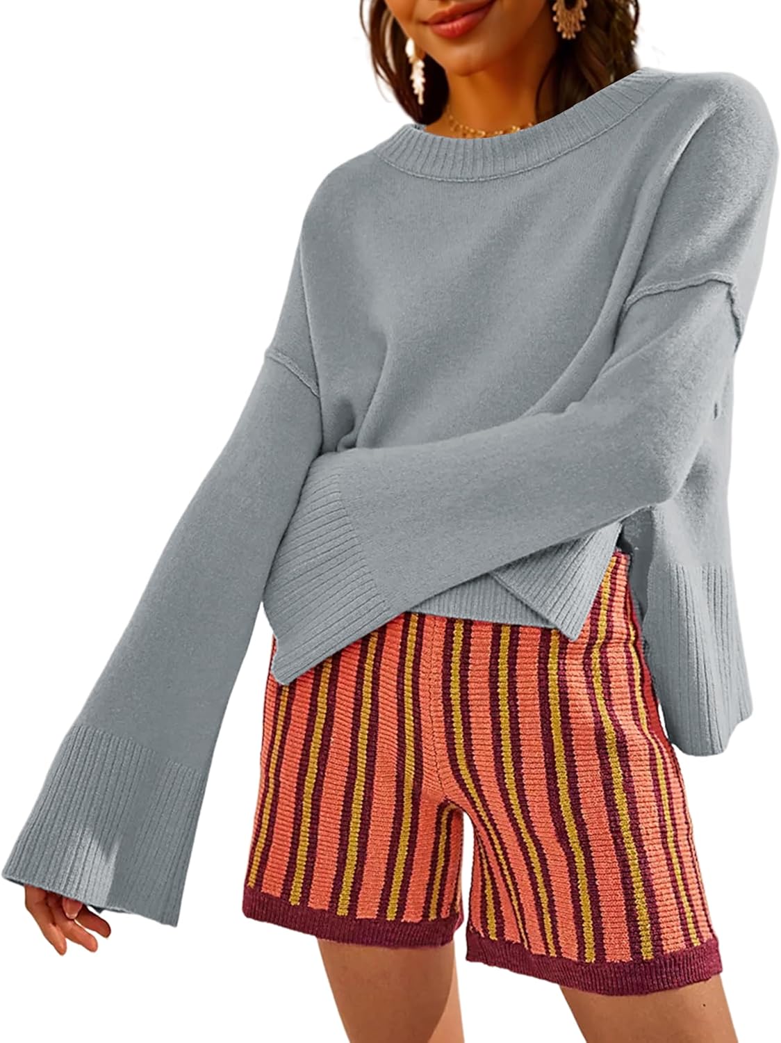 Womens Lightweight Sweaters Crewneck Bell-Style Sleeve Batwing Knit Tops Slouchy Soft Pullover Jumpers