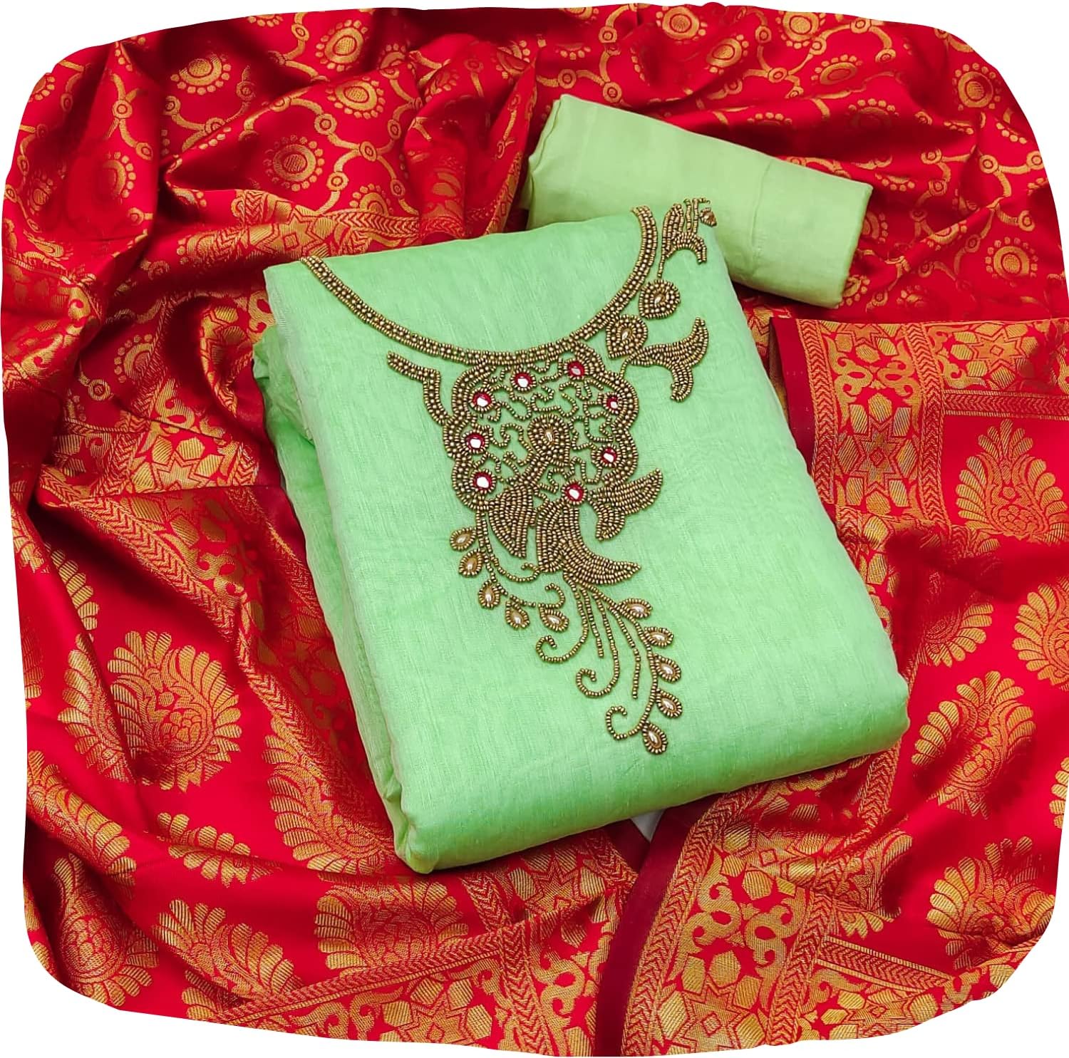 EthnicJunction Women's Chanderi Cotton Hand Embroidered Work Unstitched Salwar Suit Material With Banarasi Dupatta (Green & Red), Green, One Size