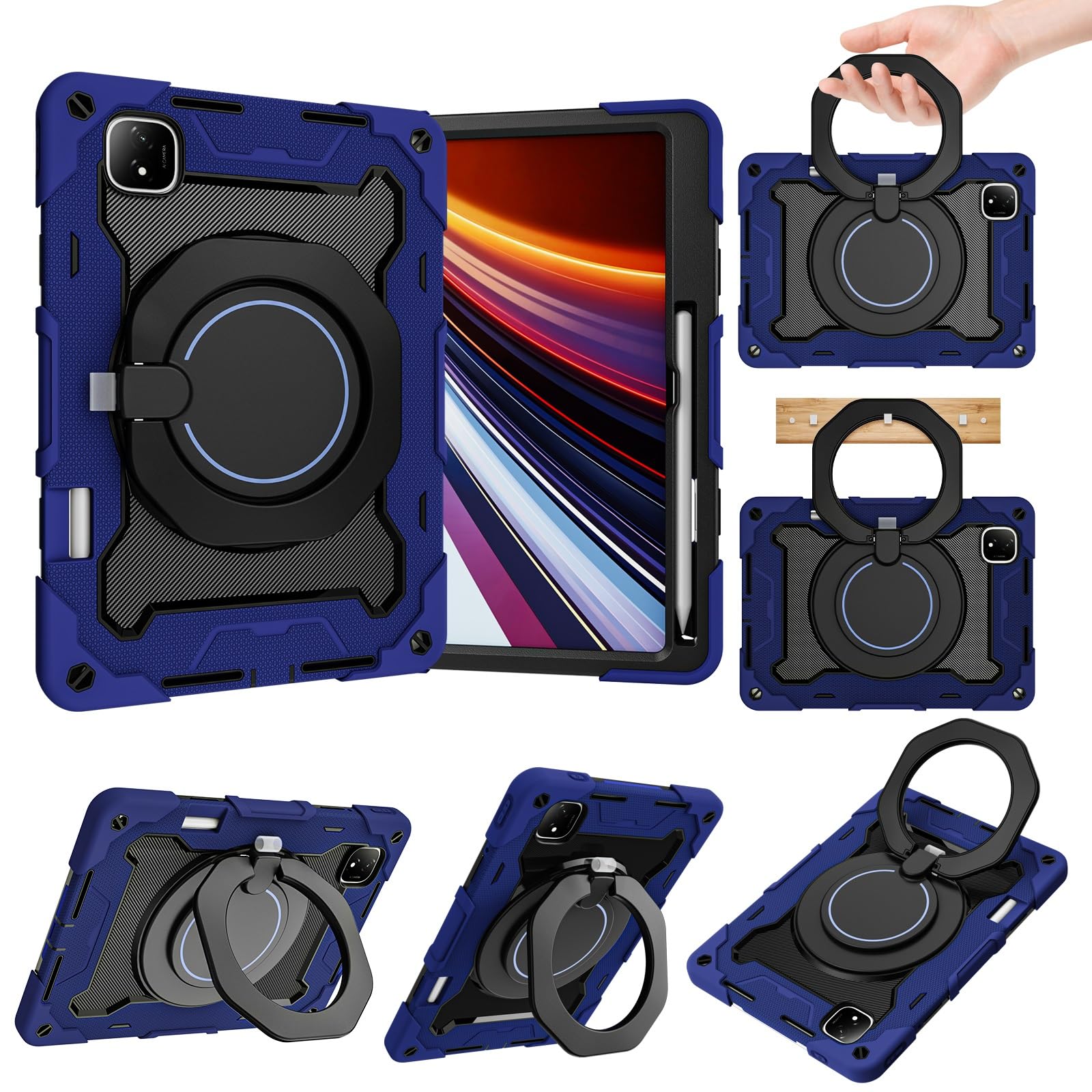 Etui dziecięce do tabletu Honor Pad GT Pro 12,3" / MagicPad 2, wytrzymałe, odporne na wstrząsy etui z TPU, podpórka, wytrzymała osłona ochronna paskiem ramię(Dark Blue)