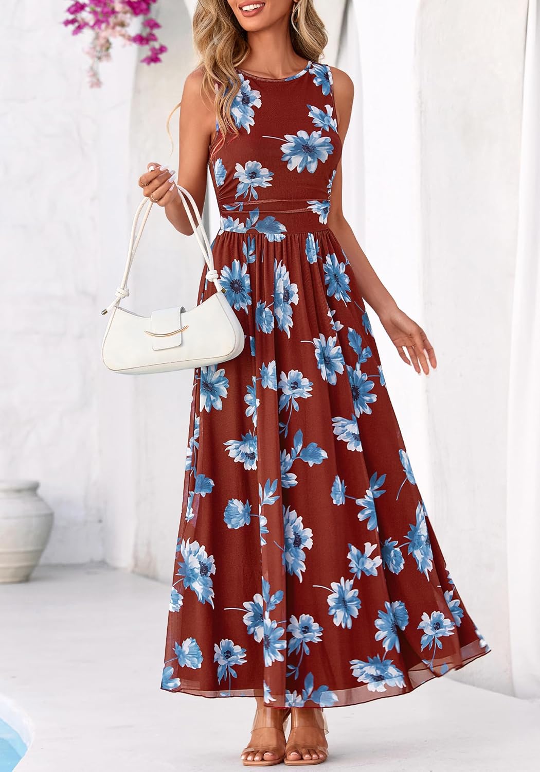 BTFBM Summer Dresses for Women 2026 Floral Maxi Dress Sleeveless Mesh Flowy Long Sundress Beach Vacation Clothes Pockets - Image 5