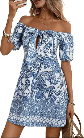 Floerns Women's Paisley Off The Shoulder Dress Bow Puff Sleeve Boho Vacation A Line Dresses