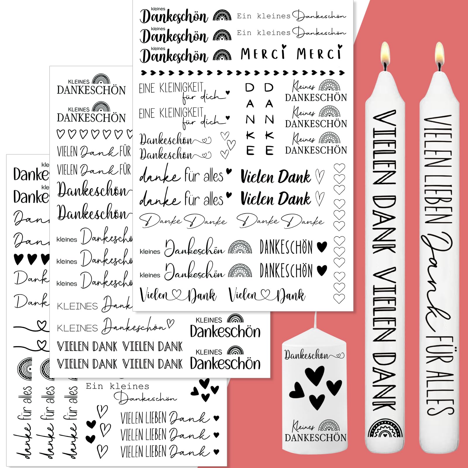 Kerzentattoos Danke 3 Stück A4, Wasserschiebefolie Kerze Sprüche Dankeschön, Kerzen Tattoo für Glas Keramik, DIY Geschenkidee Hochzeit Taufe Geburtstag