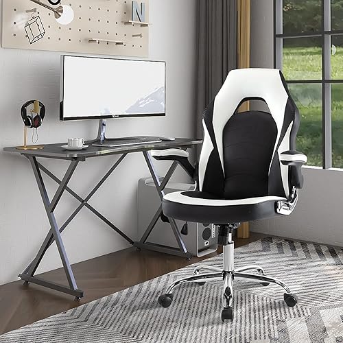 Miniatura 9 de MCQ Silla ergonómica de piel sintética con reposabrazos acolchados abatibles y soporte lumbar, altura ajustable, giratorio, función mecedora, para