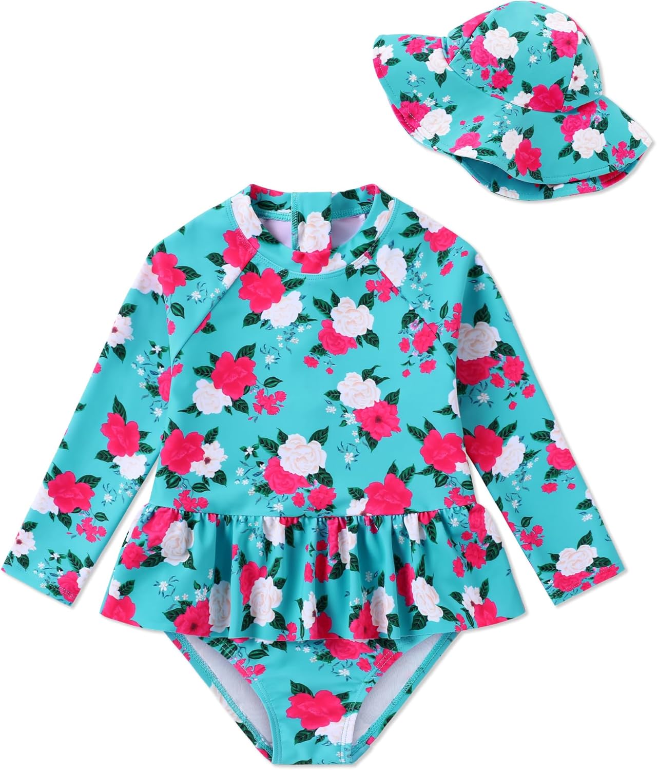 Redair Toddler Girls One Piece Swimsuit Long Sleeve Bathing Suit with Hat UPF 50+ Sun Protection 1-5T