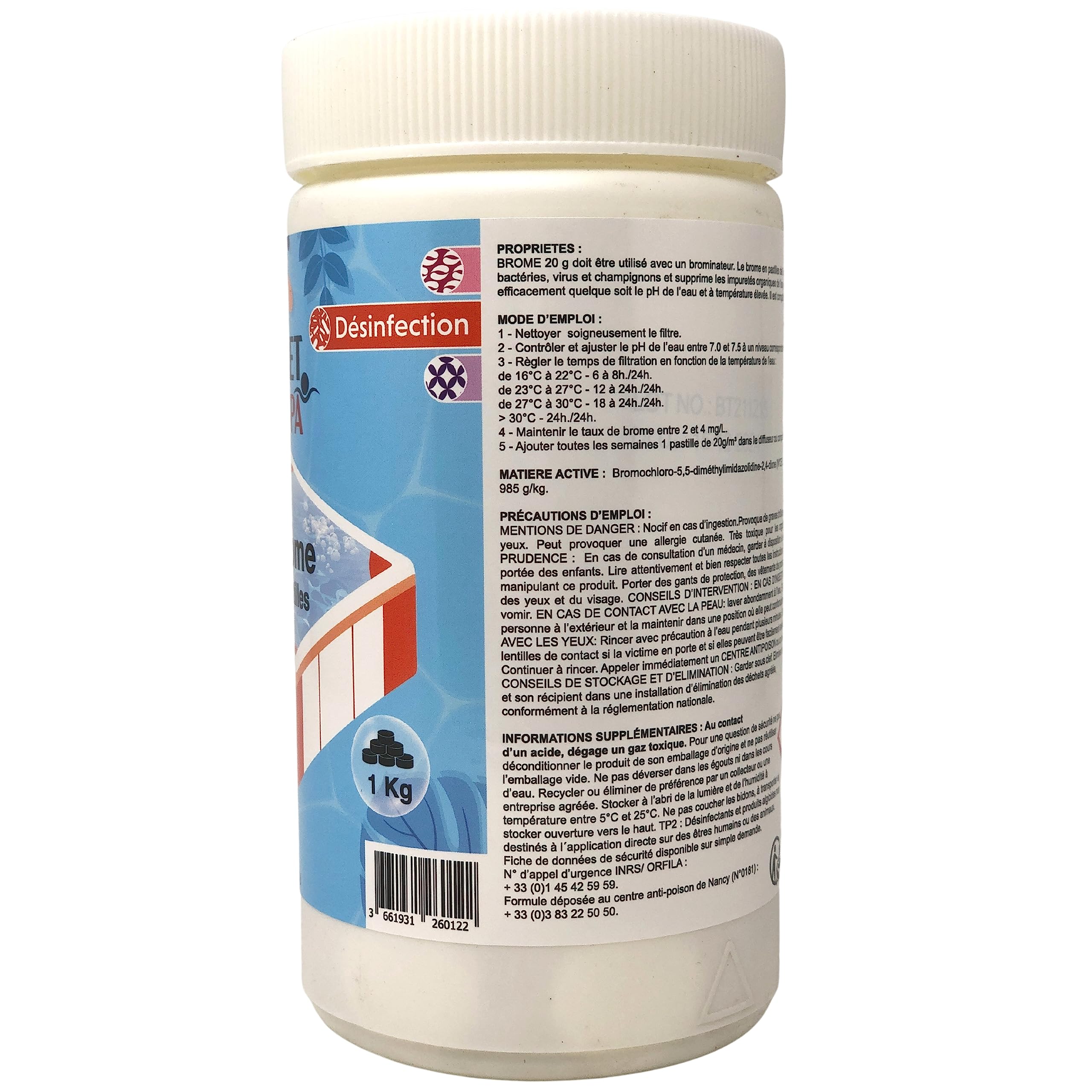Brome Spa et Piscine, Entretien et Désinfection de l’Eau/Elimine Les impuretés de l’Eau - Dissolution très Lente - Pastilles de Brome de 20g, Pot de 1kg