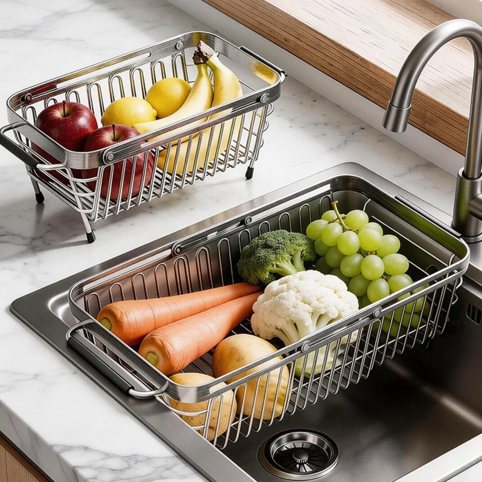 Égouttoir réglable en acier inoxydable 304 pour évier de cuisine – Égouttoir à vaisselle pliable avec poignées antidérapantes, extensible de 25 à 41 cm, argenté (grand)