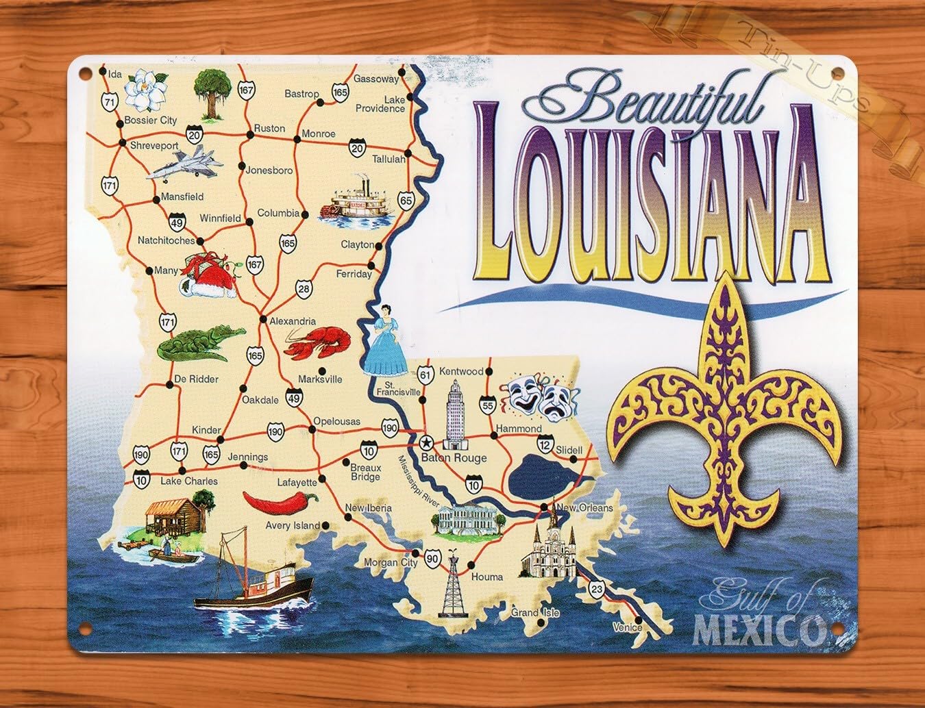 Yelacecca Metal Tin Sign Tin Sign “Louisiana Map Travel Cajun Rustic Wall Decor New Metal Aluminum Sign 8X12 Inches