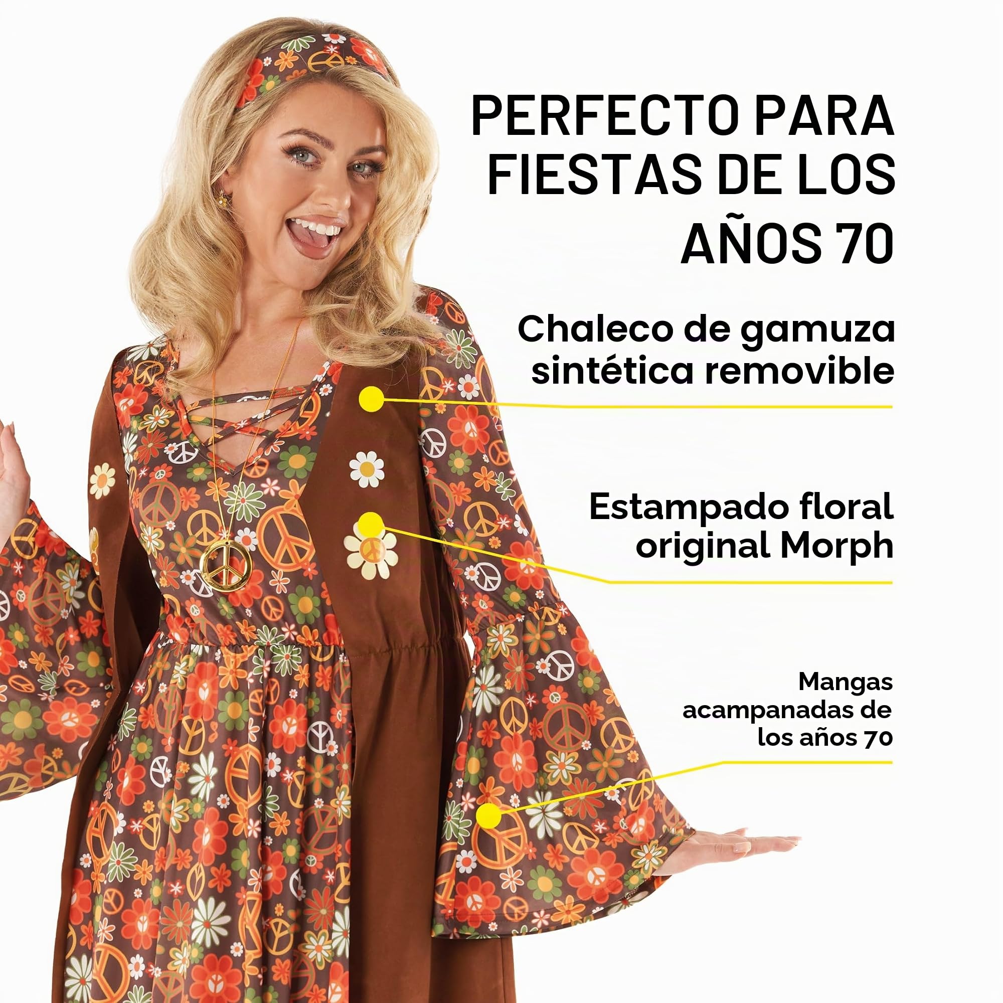 Morph Disfraz Hippie Mujer, Vestido Retro Años 70, Traje Vintage Fiesta, Disfraces para Carnaval y Halloween