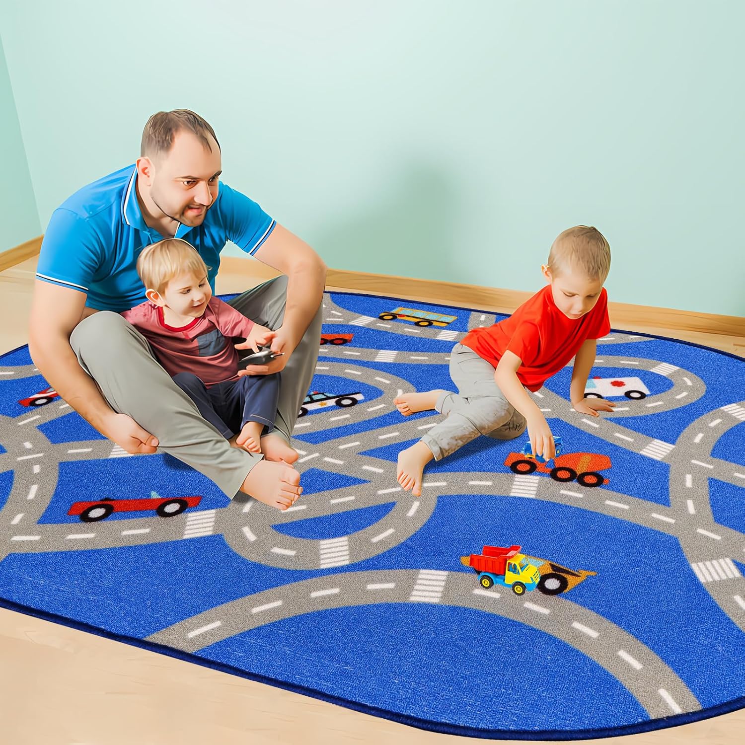 Kids Rug Car Play Mat for Toy Cars, Nylon Road Traffic 59"×78.7" for Playroom Blue