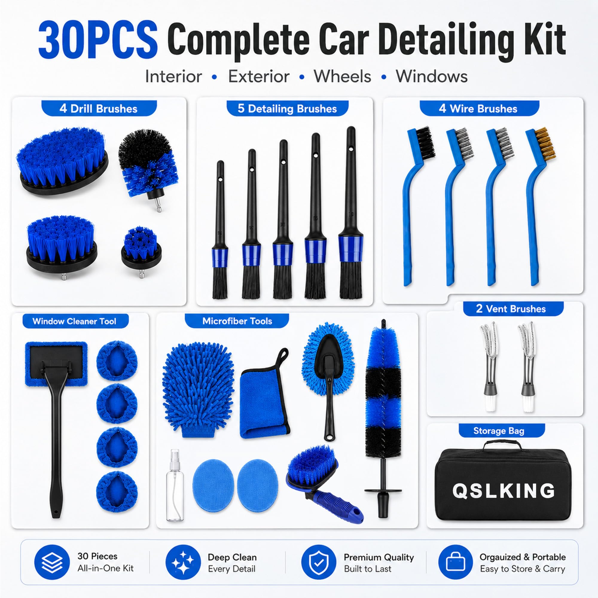 Kit di 30 pennelli per la pulizia dell'auto, kit di spazzole per pulizia auto, accessori per la pulizia dell'auto, spazzola per trapano per ruote esterne, strumenti per auto