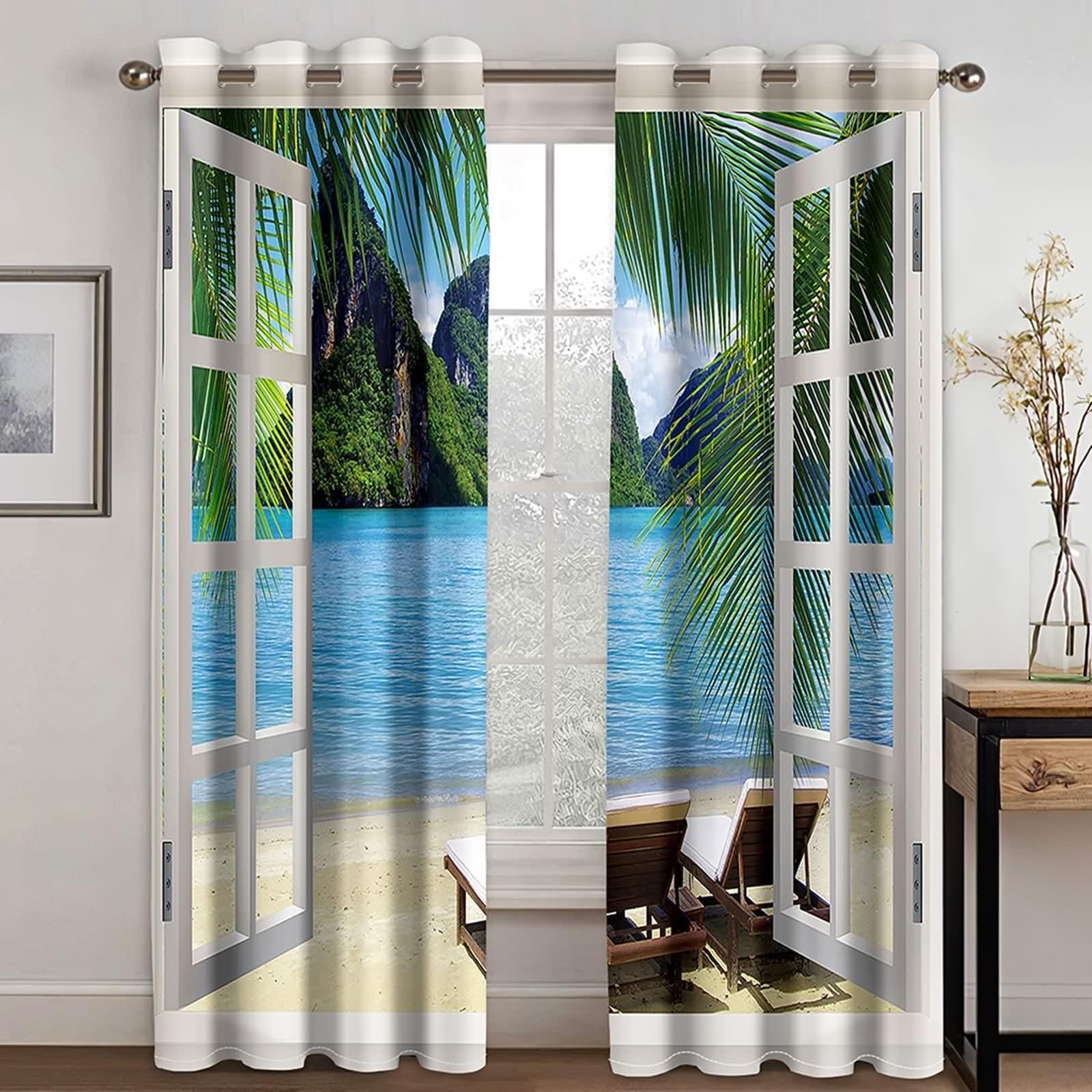 Zasłona zaciemniająca, wielokolorowa poliestrowa zasłona okienna i krajobraz górski i morski, 214 l x 229 cm, zestaw 2 szt