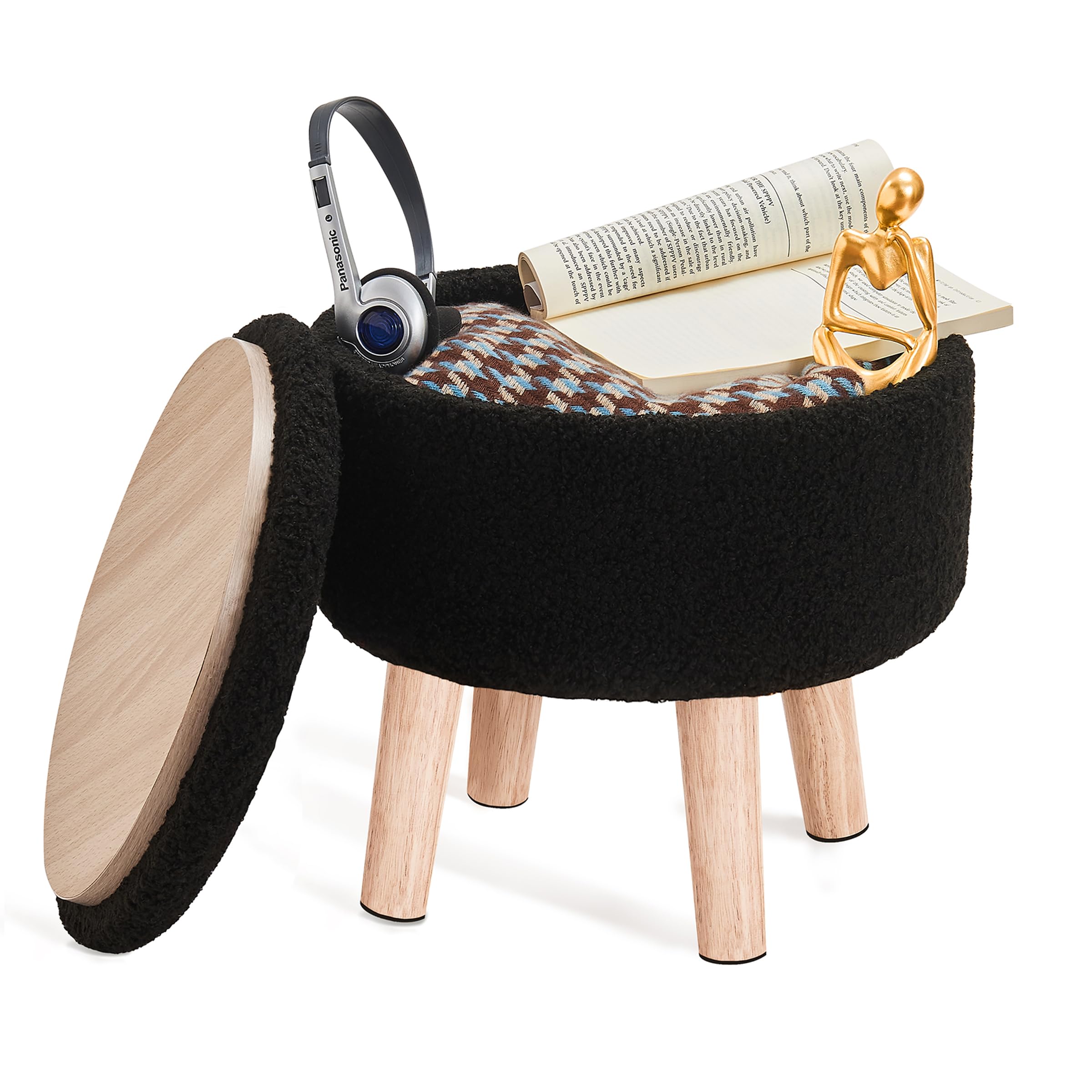 Small Ottoman with Storage, Small Foot Stool Ottoman with Wood Legs, Sherpa Foot Rest for Couch, Living Room and Bedroom - Black