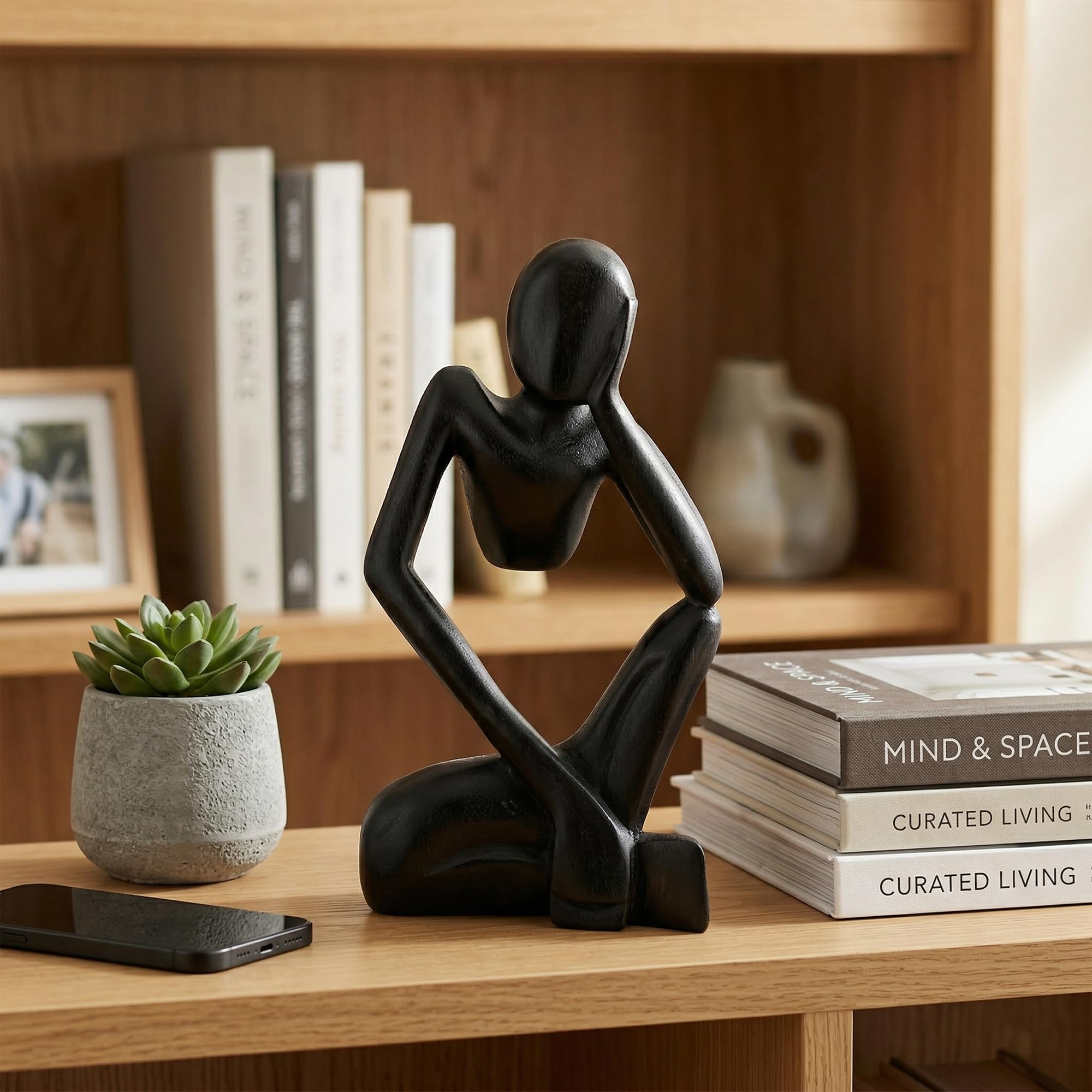 G6 COLLECTION 12" Abstract Sculpture Statue Wooden Handmade Handcrafted Art "Thinking Man" Home Decor (Black)