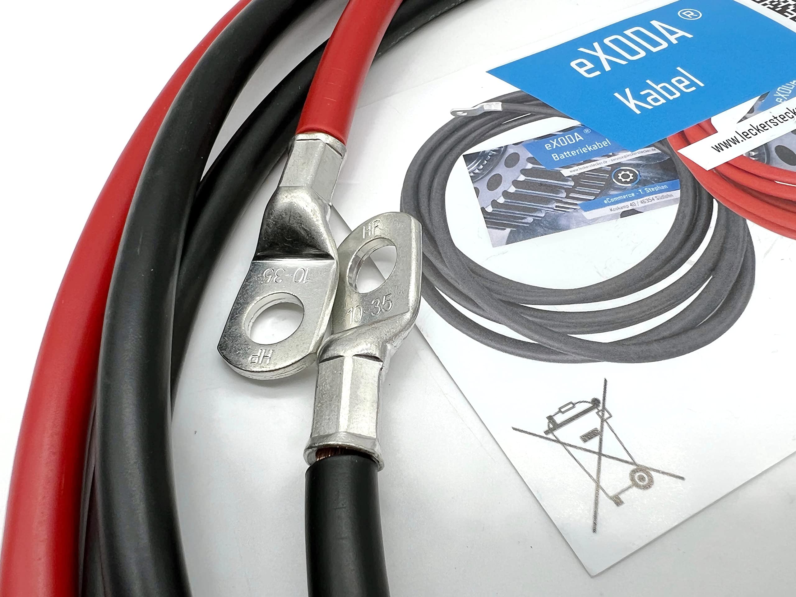 Exoda set di cavi batteria 200 cm 35 mm² M10 rosso nero auto barca moto | Cavo della batteria, 200 cm di lunghezza, 35 mm² di sezione, rosso e nero, per auto, barca, moto, resistente alla temperatura