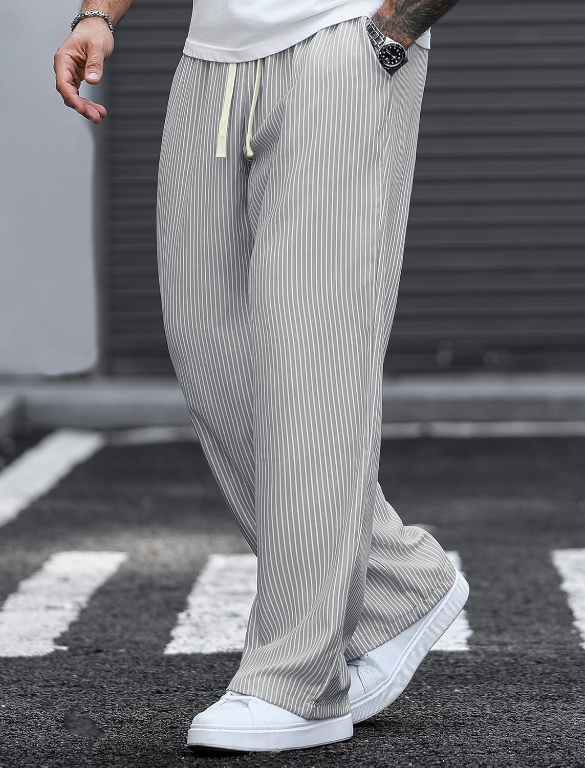ZAFUL Mens Wide Leg Casual Pants Drawstring Color Block Striped Relaxed Fit Skater Trousers with Pockets - Image 2