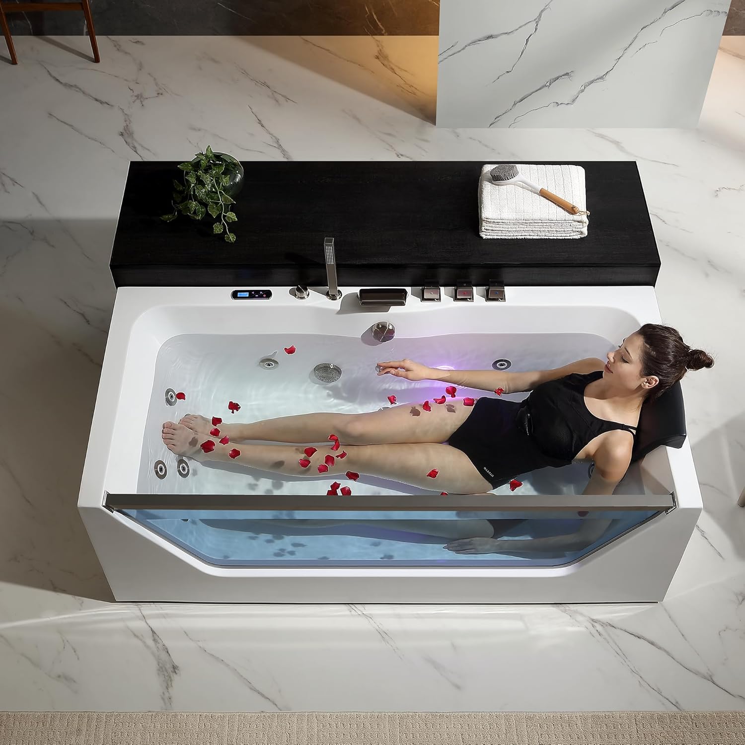 Empava Acrylic Whirlpool Bathtub, 71-Inch Jetted Bathtub with Heater, 10 Jets Hydromassage with Chromatherapy, 3-Side Apron with LED Control Panel, Waterfall, Brushed Nickel Hardware and Nozzle