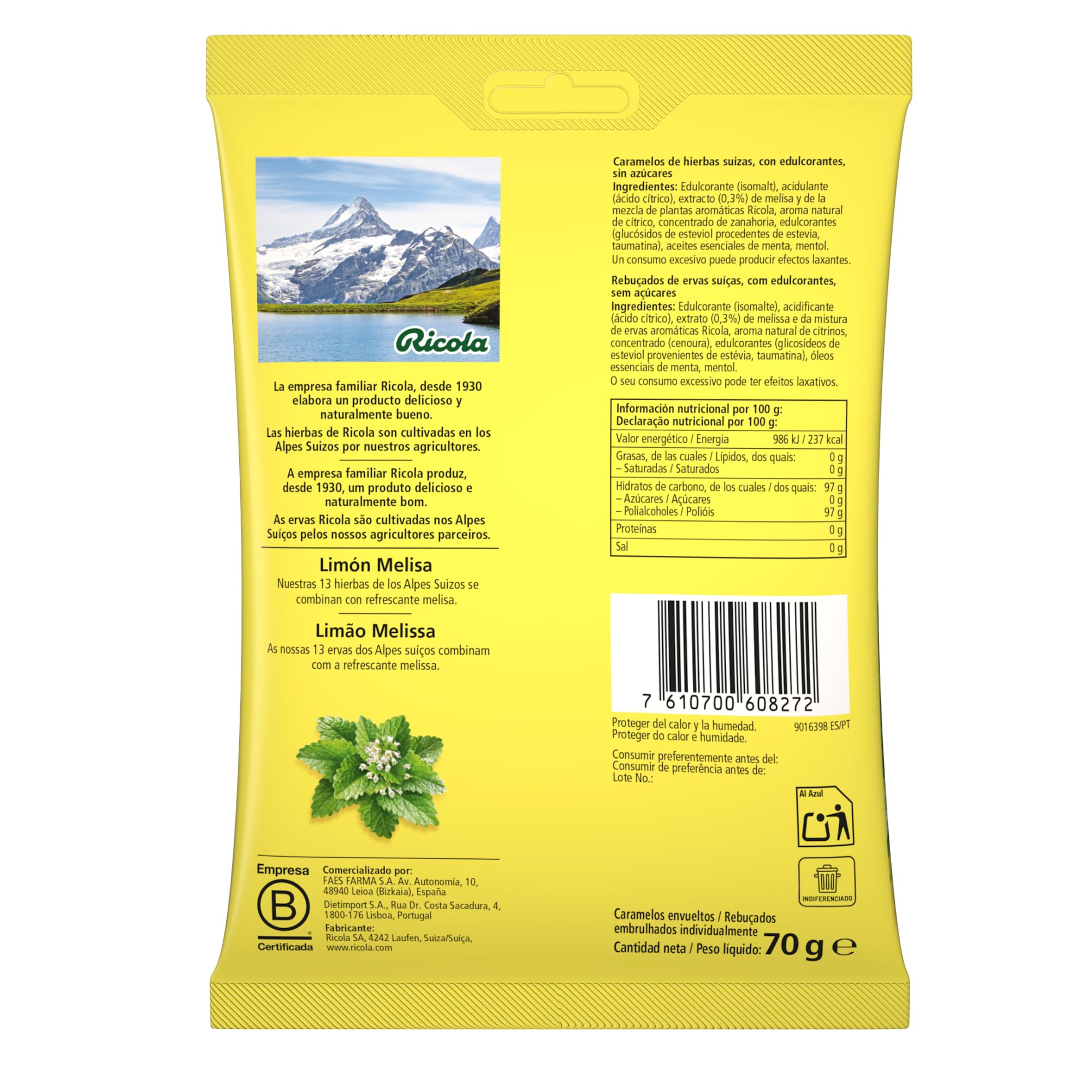 Ricola Caramelos Duros Sin Azúcar Limón Melisa 70g