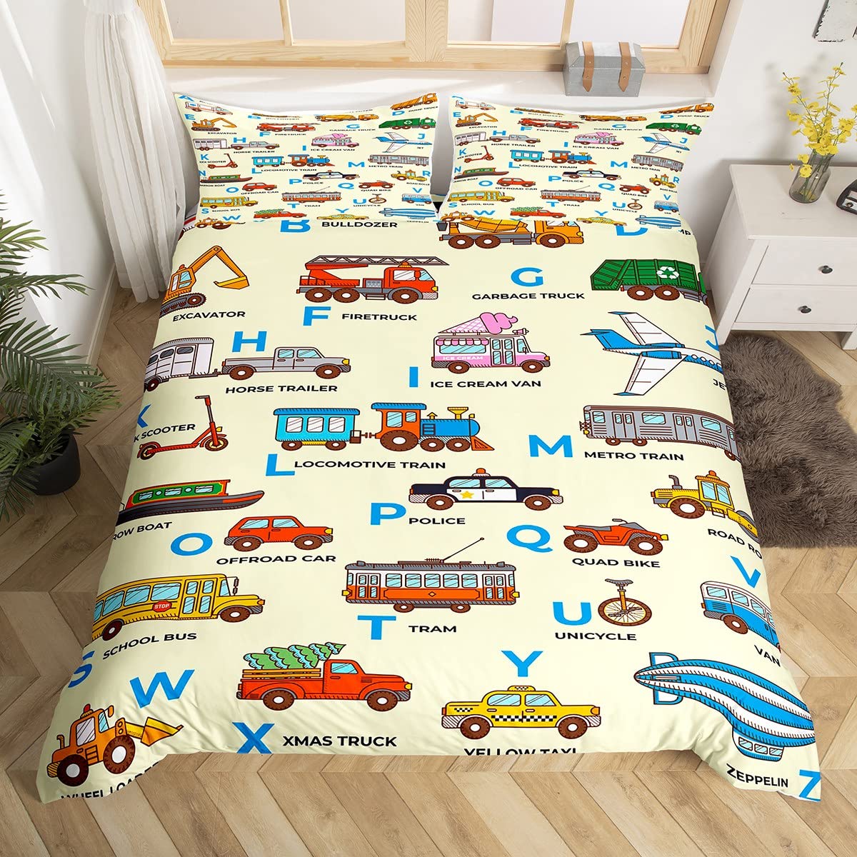 Homemissing Cartoon Car Print Duvet Cover Set Excavator Comforter Cover Alphabet Pattern Bedding Set Police Car Bedspread Cover for Kids Boys Girls Super King With 2 Pillow Case — image 1