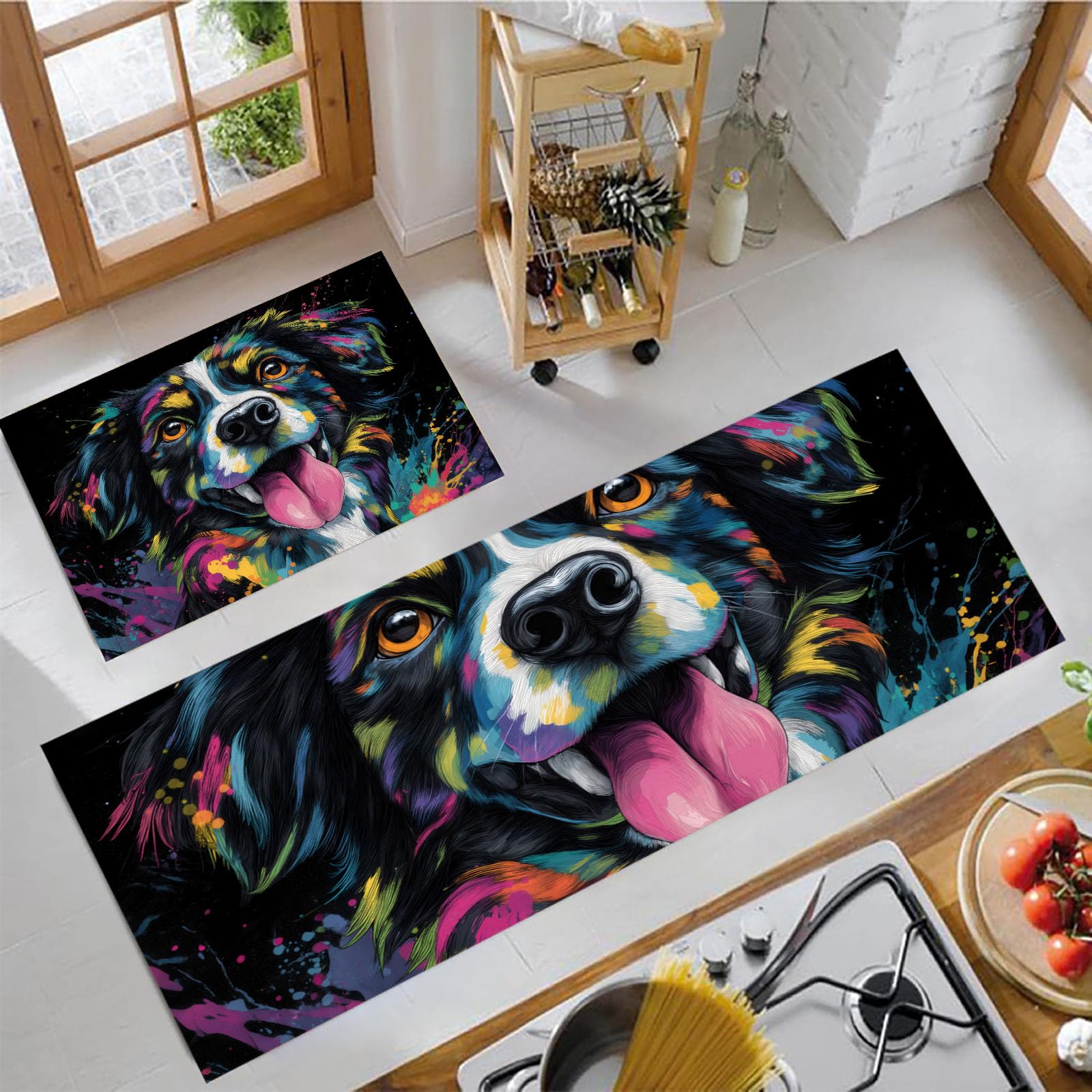 Tapis de sol de cuisine résistant aux taches, set de 2 pièces noir motif chiens