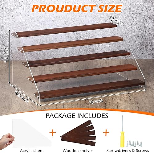 Miniatura 2 de Queekay Paquete de 4 soportes de exhibición de madera acrílica, estante de exhibición escalonado de madera, estantes organizadores de acrílico