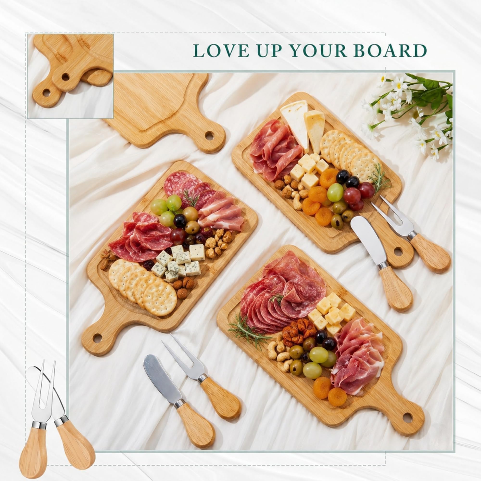 Ziliny Set di 2 taglieri quadrati in legno per formaggi, set regalo con coltelli, forchette e etichette di ringraziamento con scatola per gli ospiti per San Valentino, addio al nubilato, baby shower,