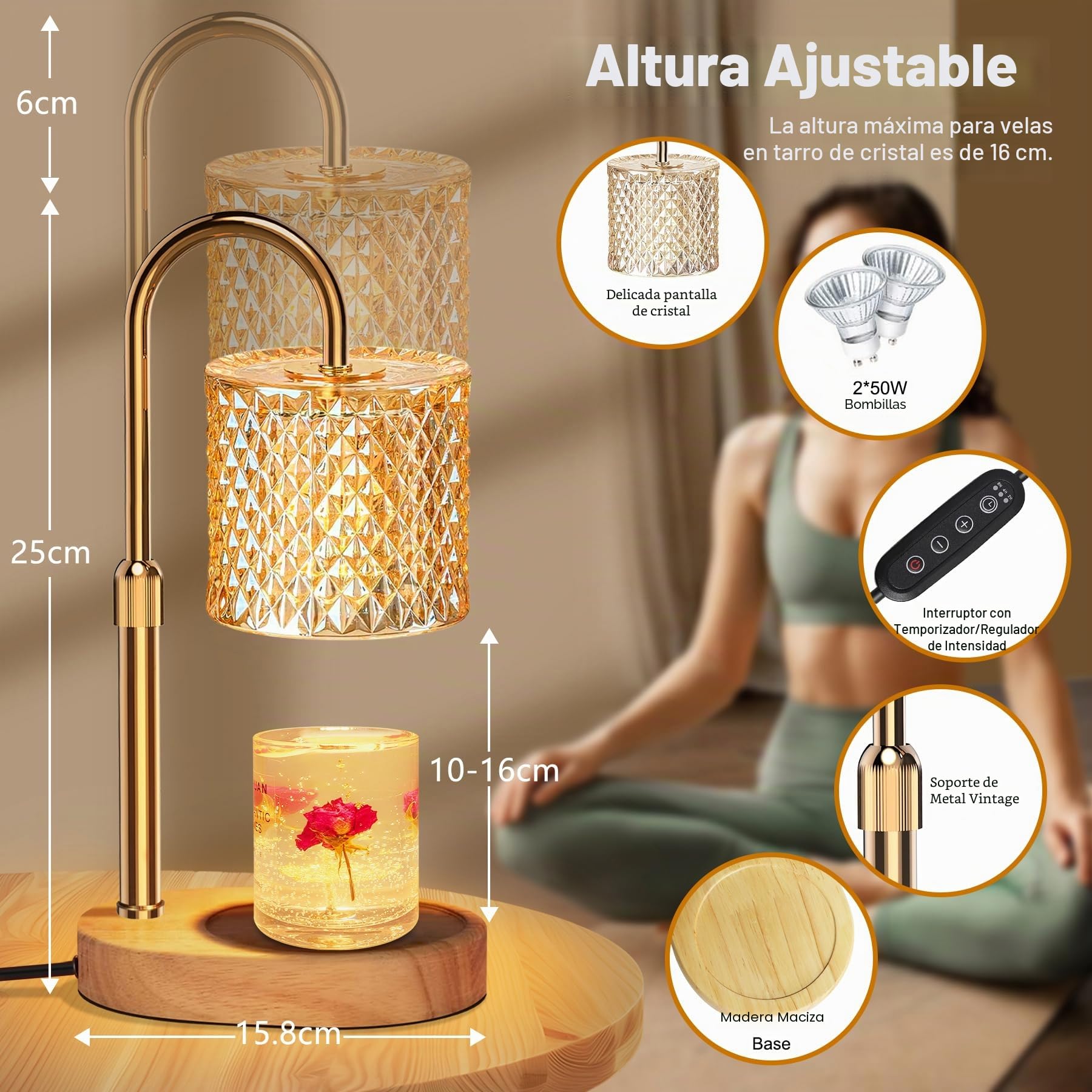 Loowoko Lámpara Calentadora de Velas con Temporizador y 4 Niveles de Luz, Calentador Eléctrico para Velas en Tarro, Decoración Hogar, Incluye 2 Bombillas