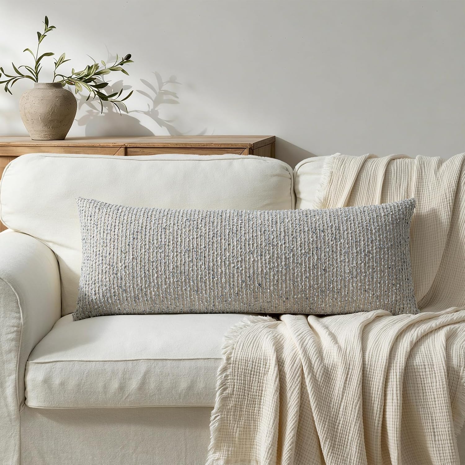 14x36 Blue Decorative Body Pillow Cover for Bed Textured Boucle Striped Chic Morden Boho Accent Farmhouse Rectangular Long Lumbar Throw Pillow Case for Bedroom Living Room Home Decor Couch Sofa