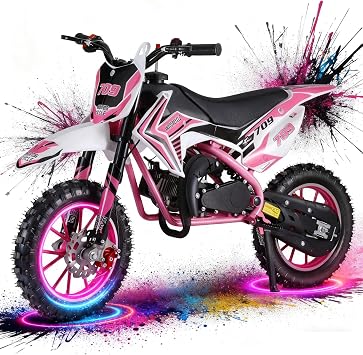 50cc Kids Dirt Bike 2-Stroke, Gas Power Motorcycle Off Road Motocross Gas Dirt Bike with Front Rear Disc Brakes for Beginner Motocross Bikes for Kids 8-12 Max 30KM/H 150KG Load Pink
