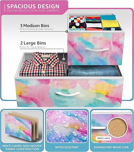 Miniatura 5 de Sorbus Cómoda para niños con 5 cajones, unidad organizadora de baúl de almacenamiento con marco de acero, parte superior de madera, contenedores de