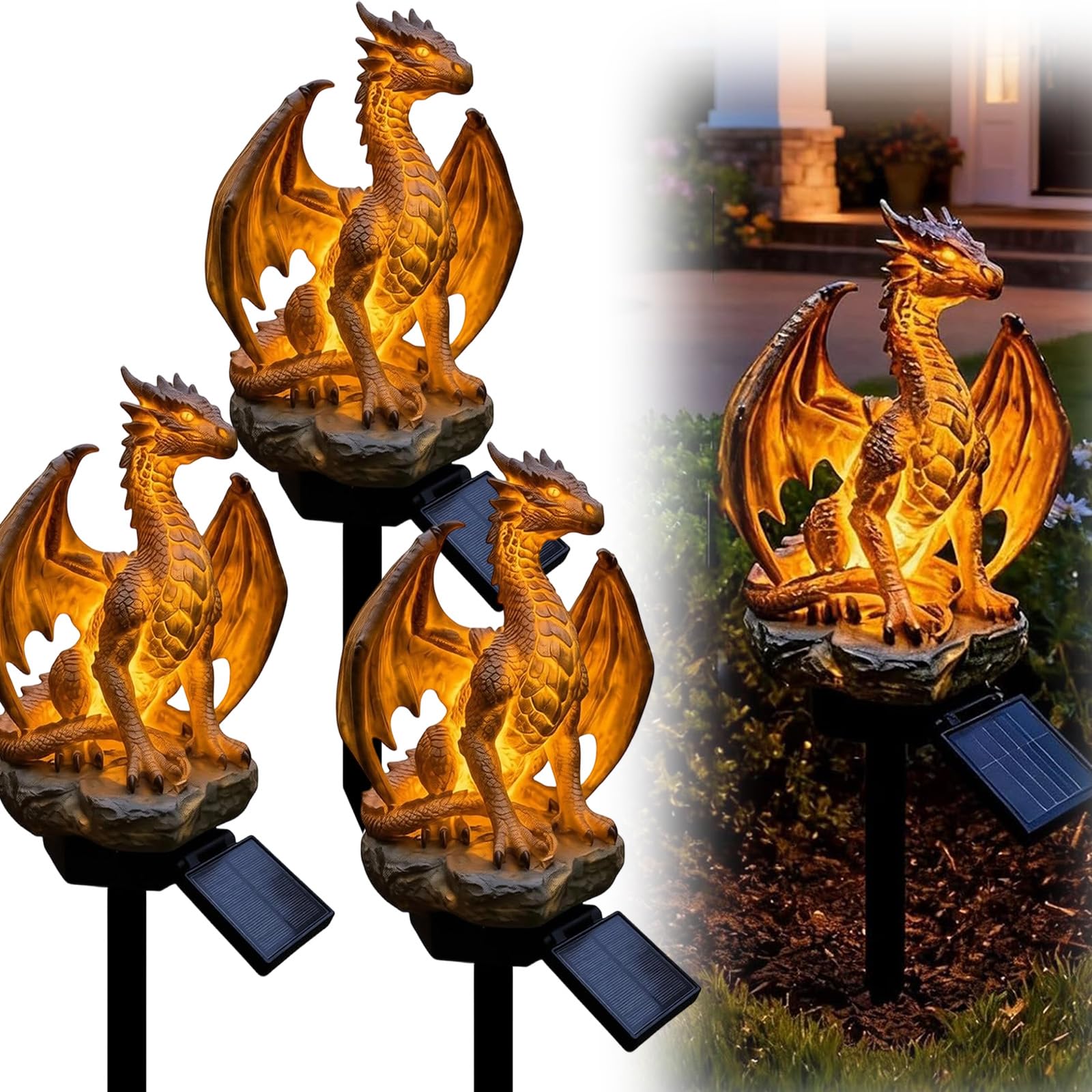 Pealeaf Solar Dragon Garden Statue with LED Lights, Outdoor Garden Ornament Solar Powered Dragon Figurine for Lawn Patio Pathway Yard Decor, Fantasy Dragon Gift for Garden Lovers (A3)