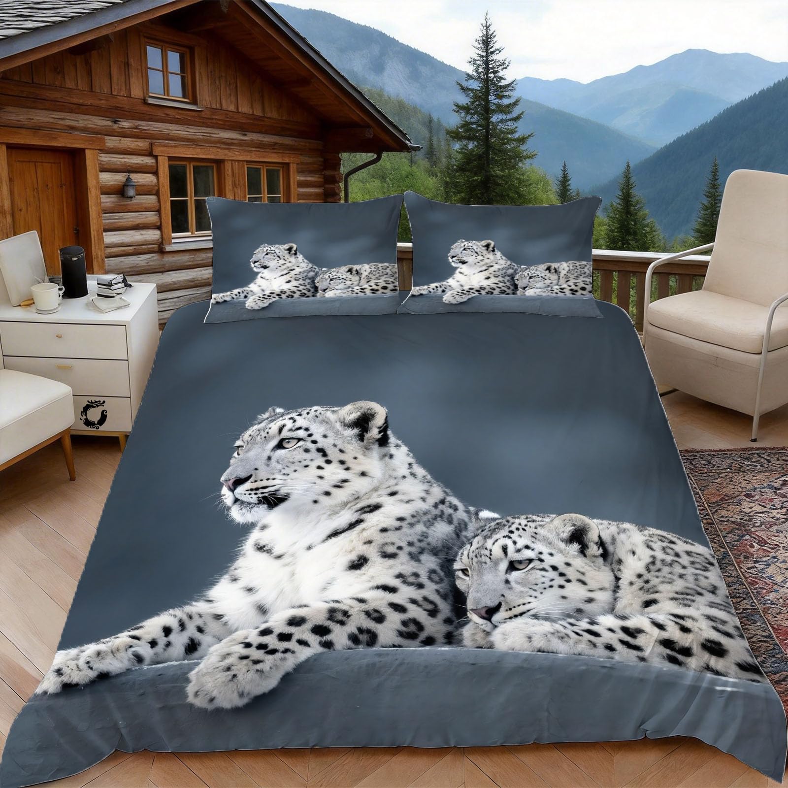 Housse de couette 140x200 léopard des neiges finition haut de gamme