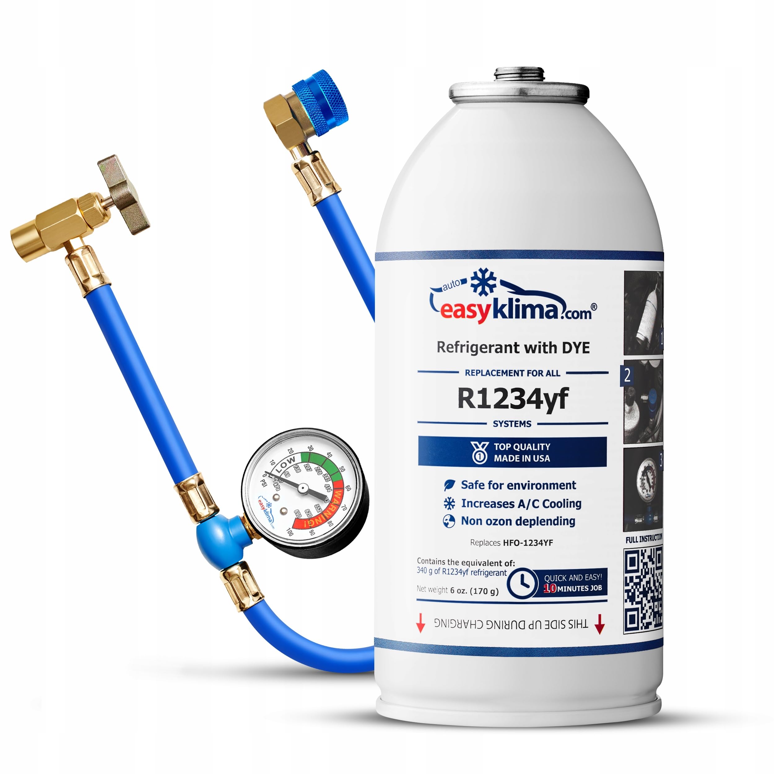 EasyKlima R1234yf Kältemittel mit UV Dye Set – Klimaanlage Nachfüllen für Auto + Schlauch mit Manometer – Wartung Klimaanlage