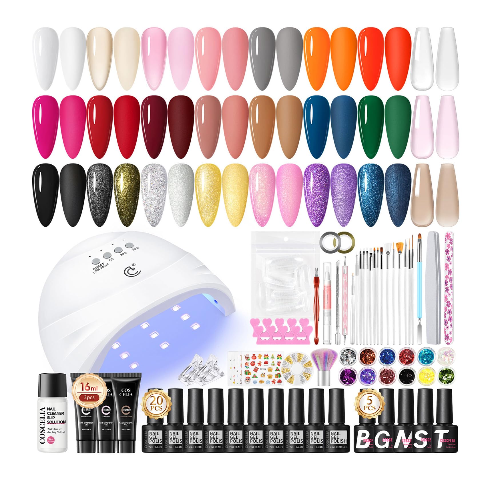 COSCELIA Kit de Uñas Semipermanente, 52 Piezas Kit Uñas Semipermanentes con Lampara,20 Colores Esmaltes Semipermanentes con 3 Colores Gel Extensión,Base Top Mate Top Coat Kit Manicura