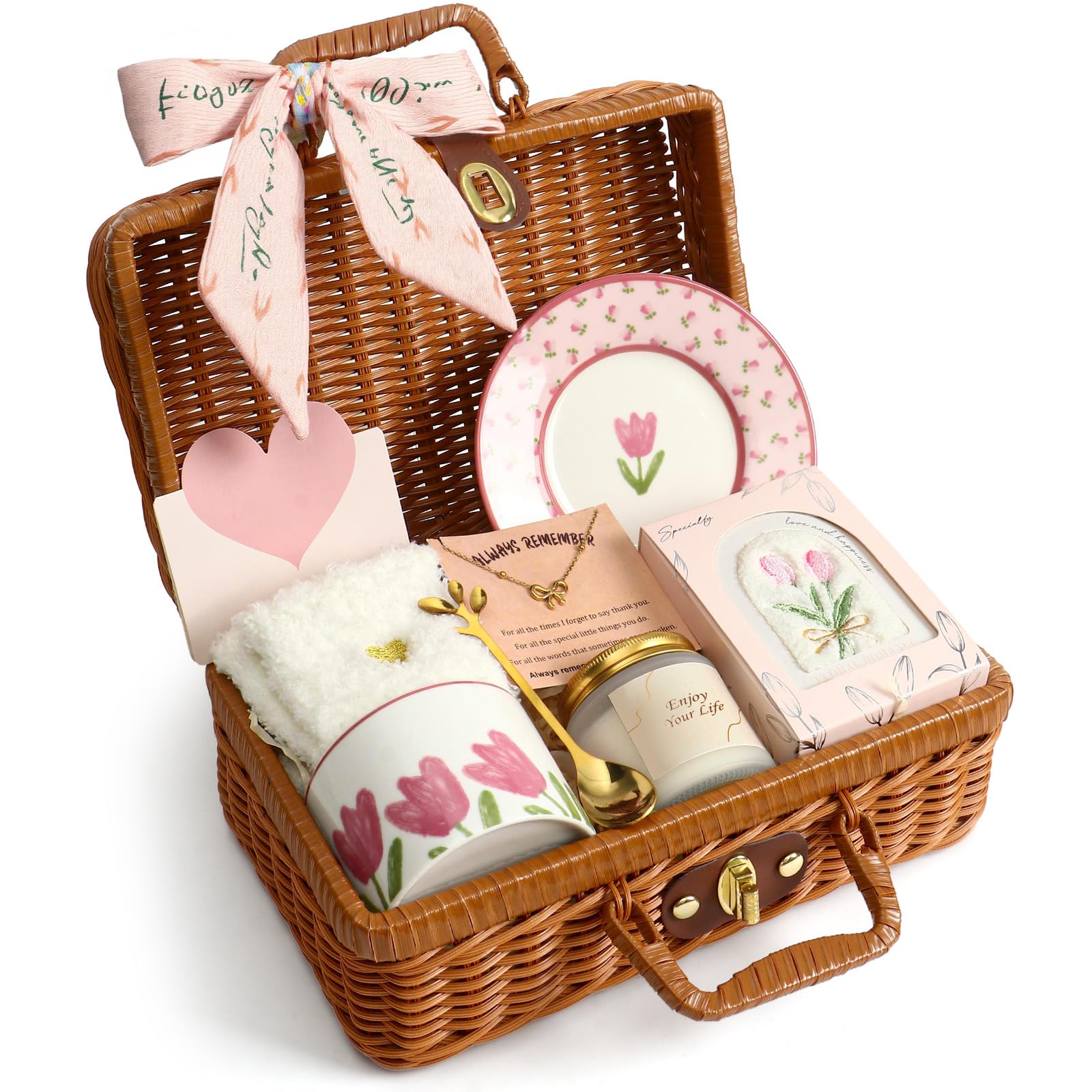 Originales Regalos para Mujer Cumpleaños Set, Elegante Canasta de Regalo & Vajilla de Cerámica con Tazas & Vela Perfumada & Collar, Regalos del Día de la Madre para Mamá San Valentín Mujeres Esposa