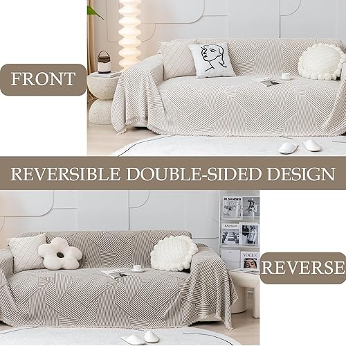 Miniatura 2 de HANDONTIME Funda de sofá reversible color caqui, funda protectora de felpilla con borla, 71 x 134 pulgadas para sofá de 3 plazas, funda protectora