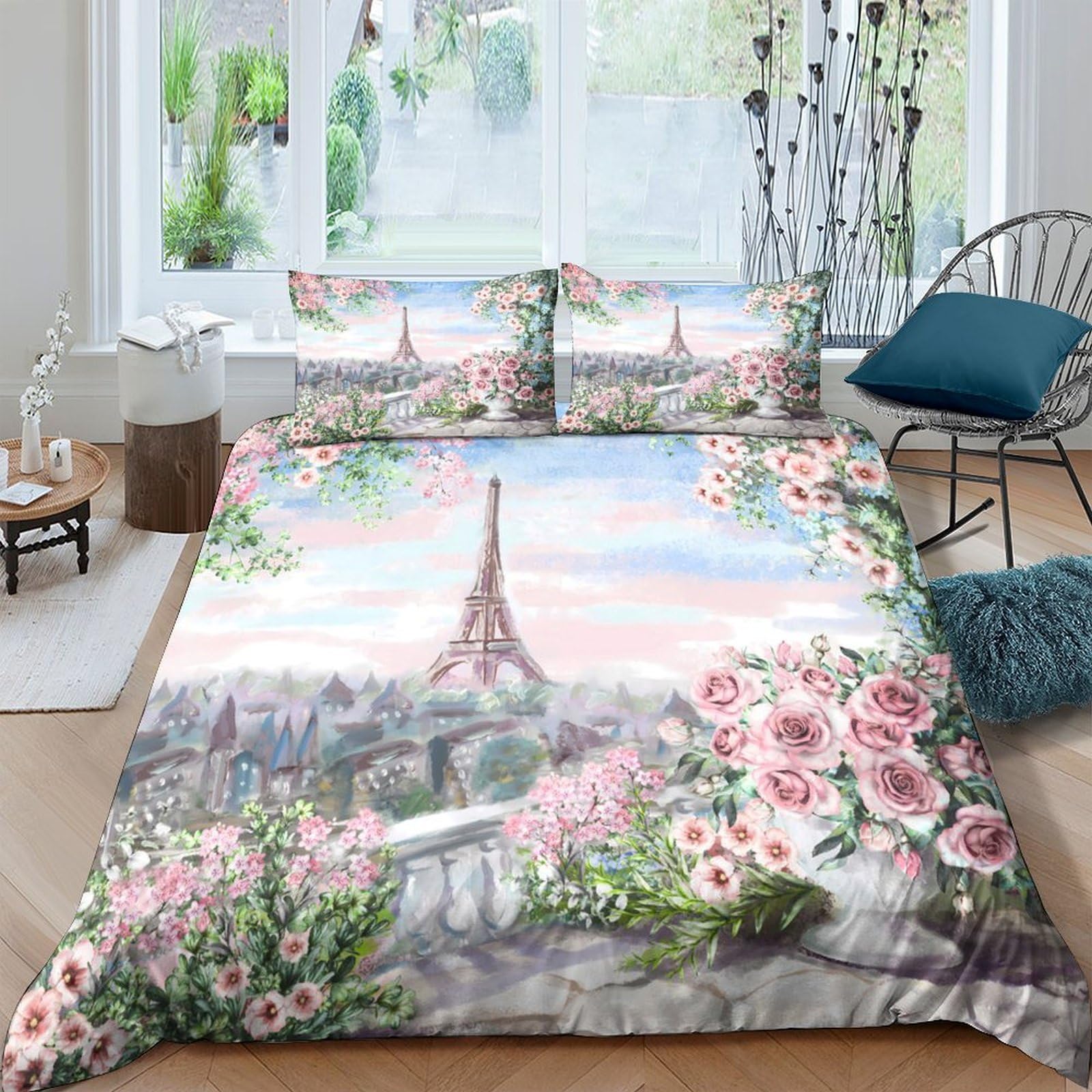 Ctjqhvkz Style-1 3D Printed Paris Eiffel Tower Fitted Sheet Microfiber Flower Blossom Bed Sheet Anti-Slip For Bedroom Guest Room Decor Single（135X200cm）