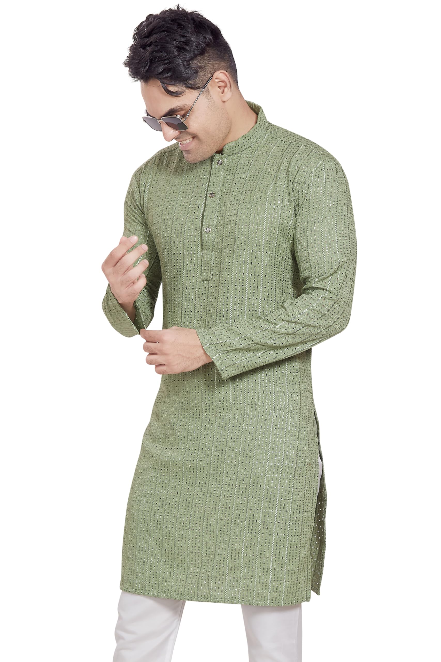 Divisive Men's Embroidered Cotton Blend Only Slim Fit Kurta (Dkrt381_Xxxl_Olive Green)