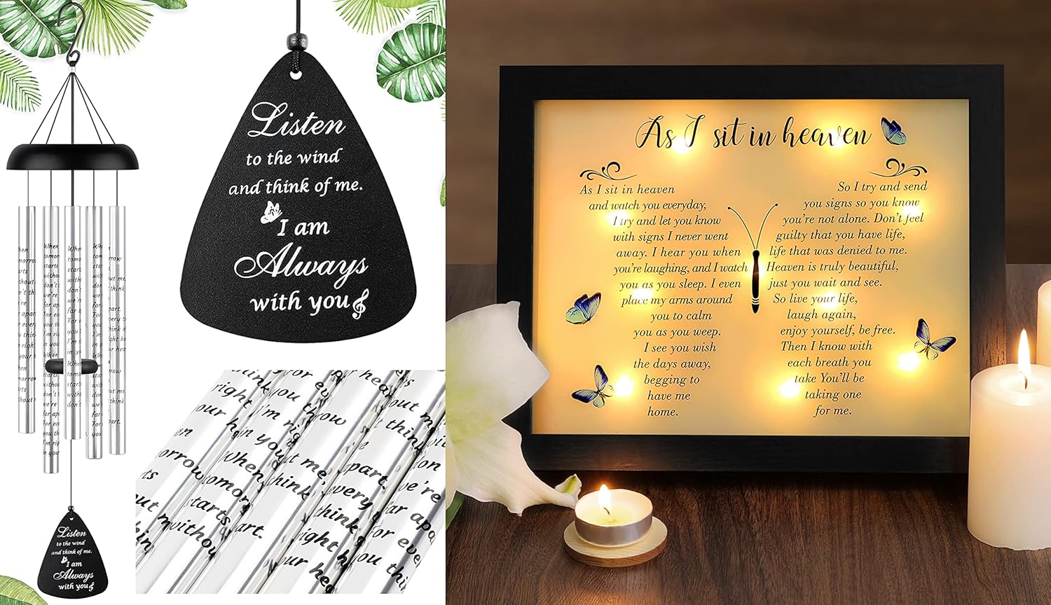 Fabuday Memorial Gifts Bundle - 32'' Sympathy Wind Chimes & 8x10'' LED Shadow Box for Loss of Loved One, Unisex, Black Letter Print, Living Room, Family Room