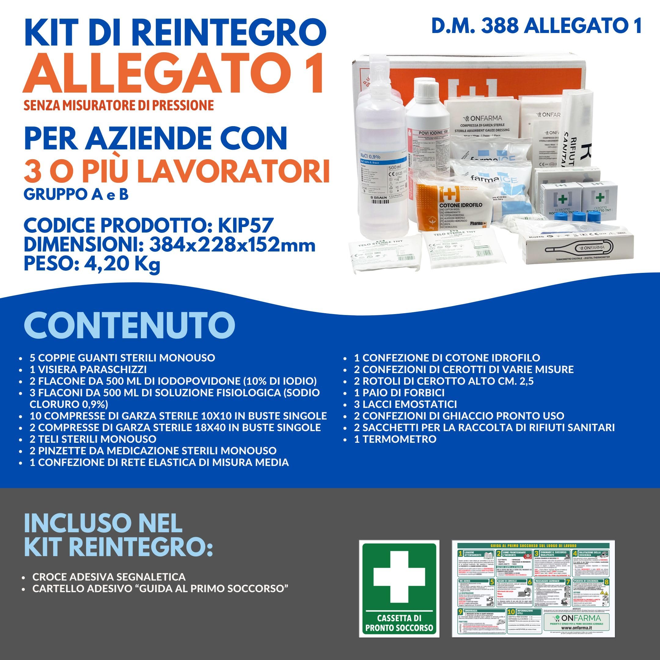 KIT DI REINTEGRO cassetta del pronto soccorso COMPLETO DI CARTELLO PRIMO SOCCORSO ricambio per cassetta medica pacco di medicazione SENZA MISURATORE DI PRESSIONE per 3 o più lavoratori D.M. 388 all.1