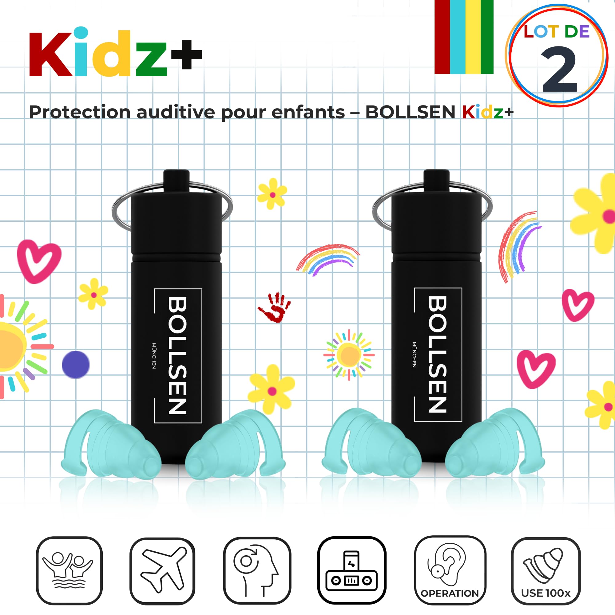 BOLLSEN Bouchons d’oreilles pour enfants – Réduction du bruit de 24 dB SNR, étanches pour la natation, le sommeil, les voyages et l’école – Réutilisables et confortables (2)
