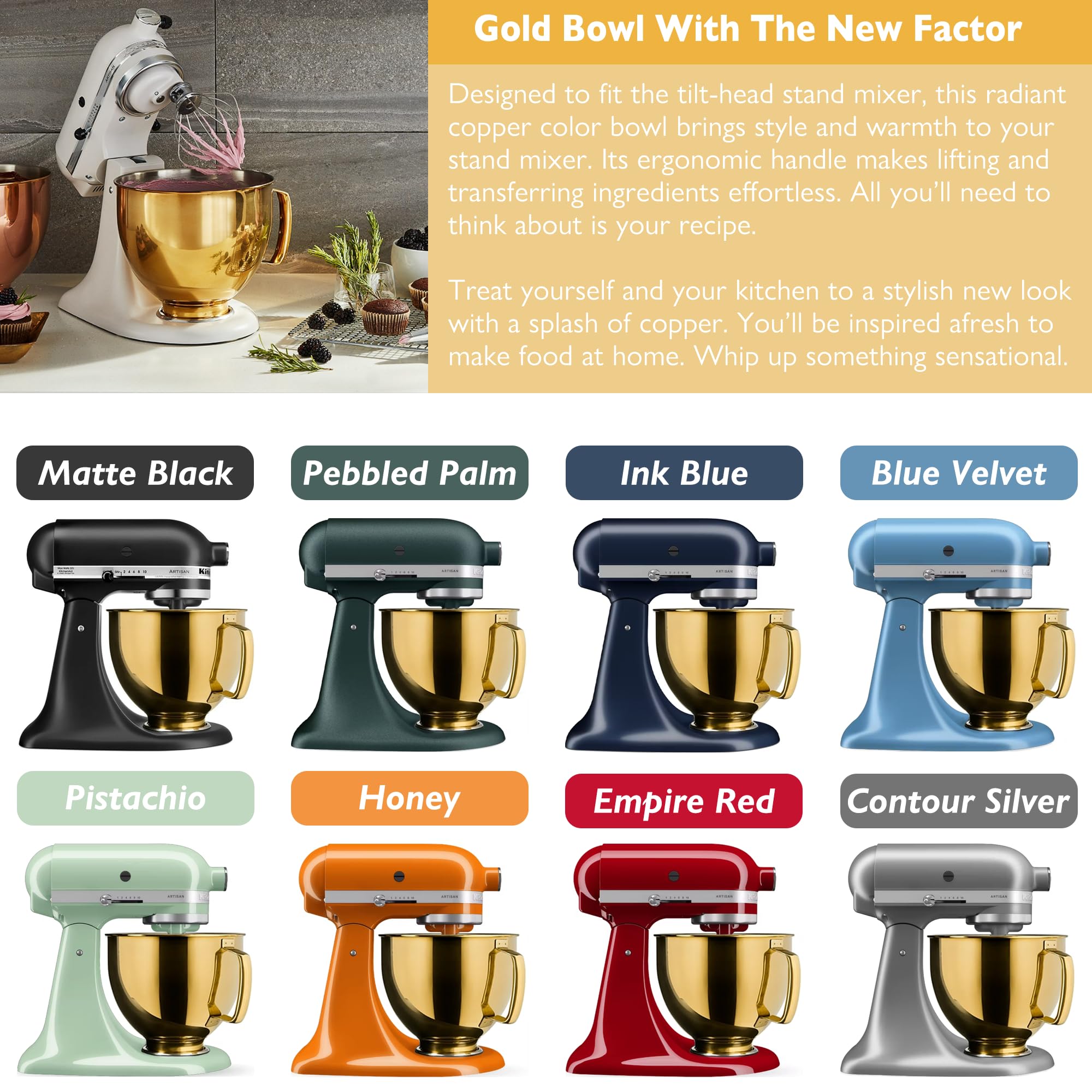 Rührschüssel aus Edelstahl für KitchenAid Classic & Artisan Serie 4,5–5 QT Kippkopf-Mixer, goldfarben, 18/8 Edelstahl, Silikonschaber, spülmaschinenfest. Passend für K45SS KSM75 KSM90 KSM150