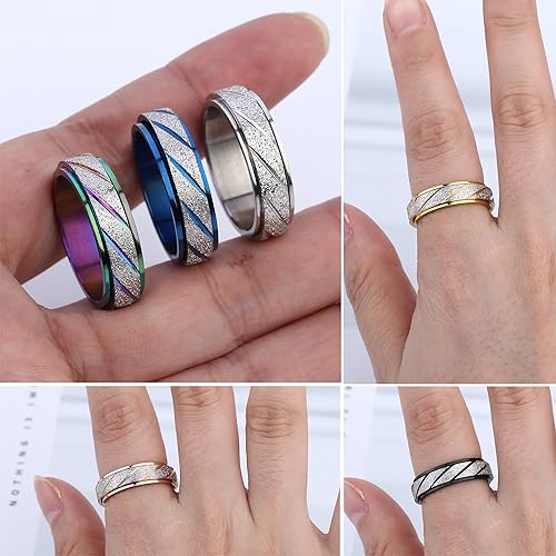 Miniatura 5 de JeryWe 6 anillos giratorios para la ansiedad para mujeres y hombres, anillos de acero inoxidable con arcoíris dorado plateado, anillo de alivio de