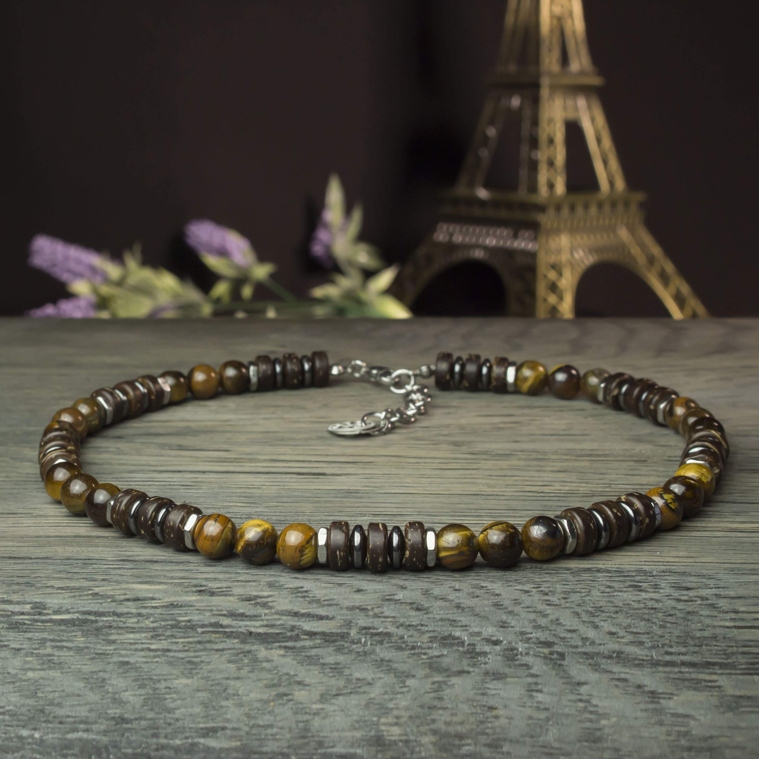 Sublime Collier Homme/Femme pierre Naturelle 8mm Œil de tigre bois coco hématite métal inoxydable couleur argent COLLITIGRIN