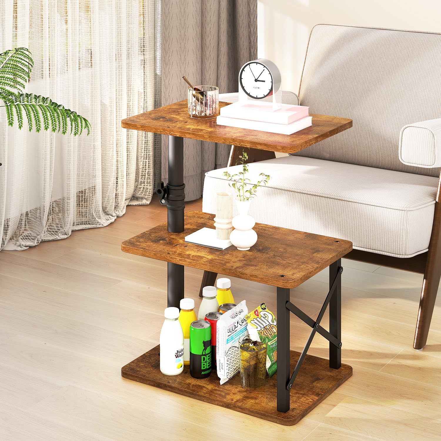 IBUYKE 360° Swivel Height Adjustable Side Table, C Shaped End Table for Small Spaces Sofa/Bed, with Storage Shelf, 3-Tier Night Stand for Living Room, Bedroom,Retro Brown UTVT006H