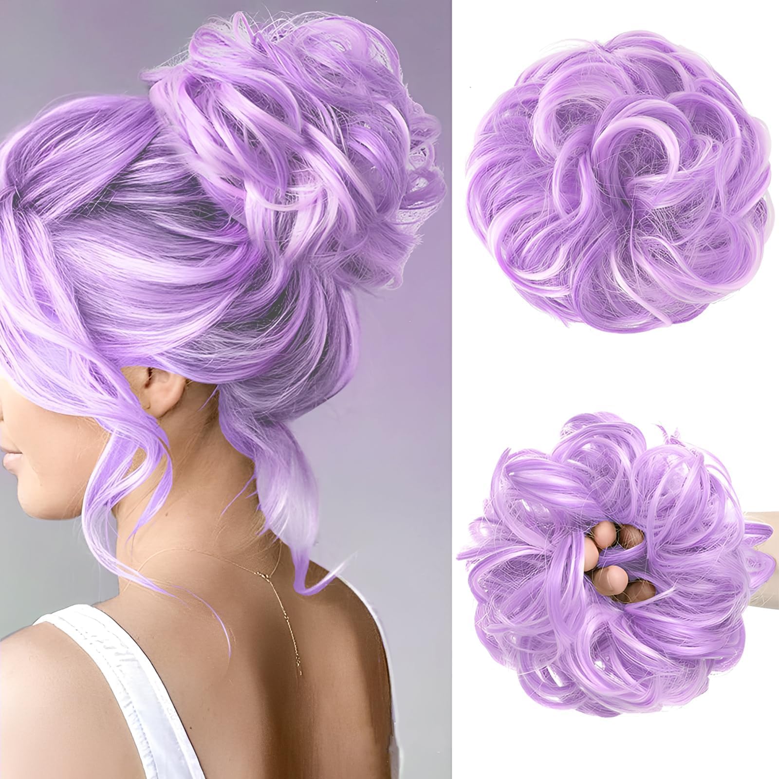 2 Pack Purple Hair Extensions, Hair Buns Hair Piece, Curly Wavy Thick Synthetic Chignon Updo Hairpiece Ponytail Accessories