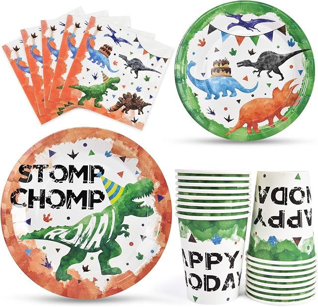 WERNNSAI Watercolour Dinosaur Party Supplies - Dinosaur Party Tableware for Kids Boys Birthday Includes Reusable Luncheon Dinner Dessert Plates Napkins Paper Cups Serves 16 Guests 64 PCS